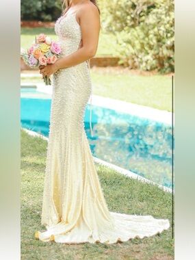 Sherri Hill Pale Yellow Pearl Beaded Gown